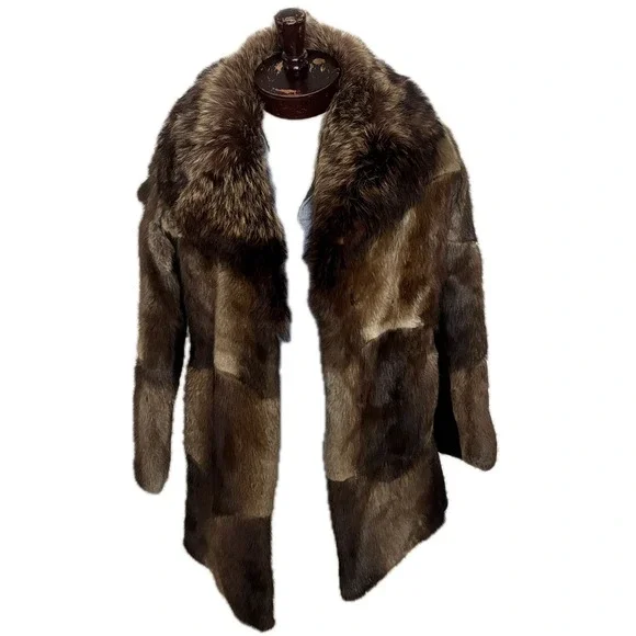 Vintage Mandel's Raccoon Fur Patchwork Leather Pea Coat Women's Size L- XL Brown - Picture 6 of 12